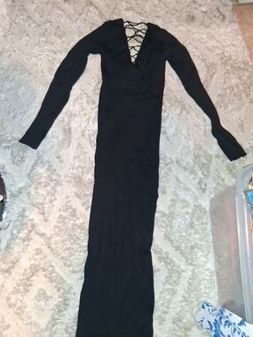 Elegant Black Lace-Up V-Neck Maxi Dress